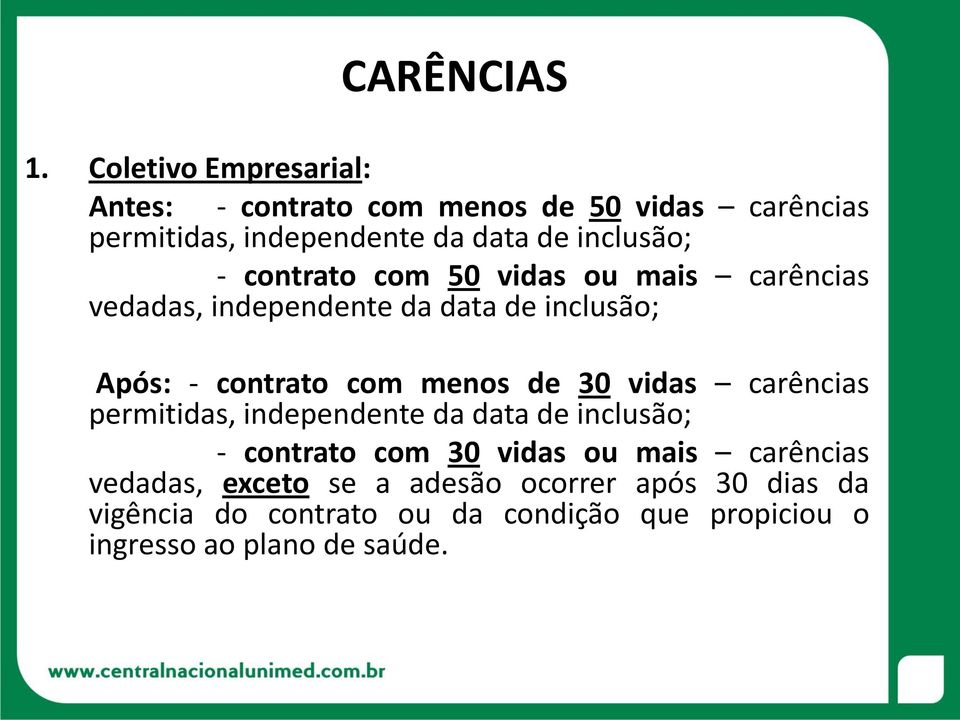 contrato com 50 vidas ou mais carências vedadas, independente da data de inclusão; Após: - contrato com menos de 30