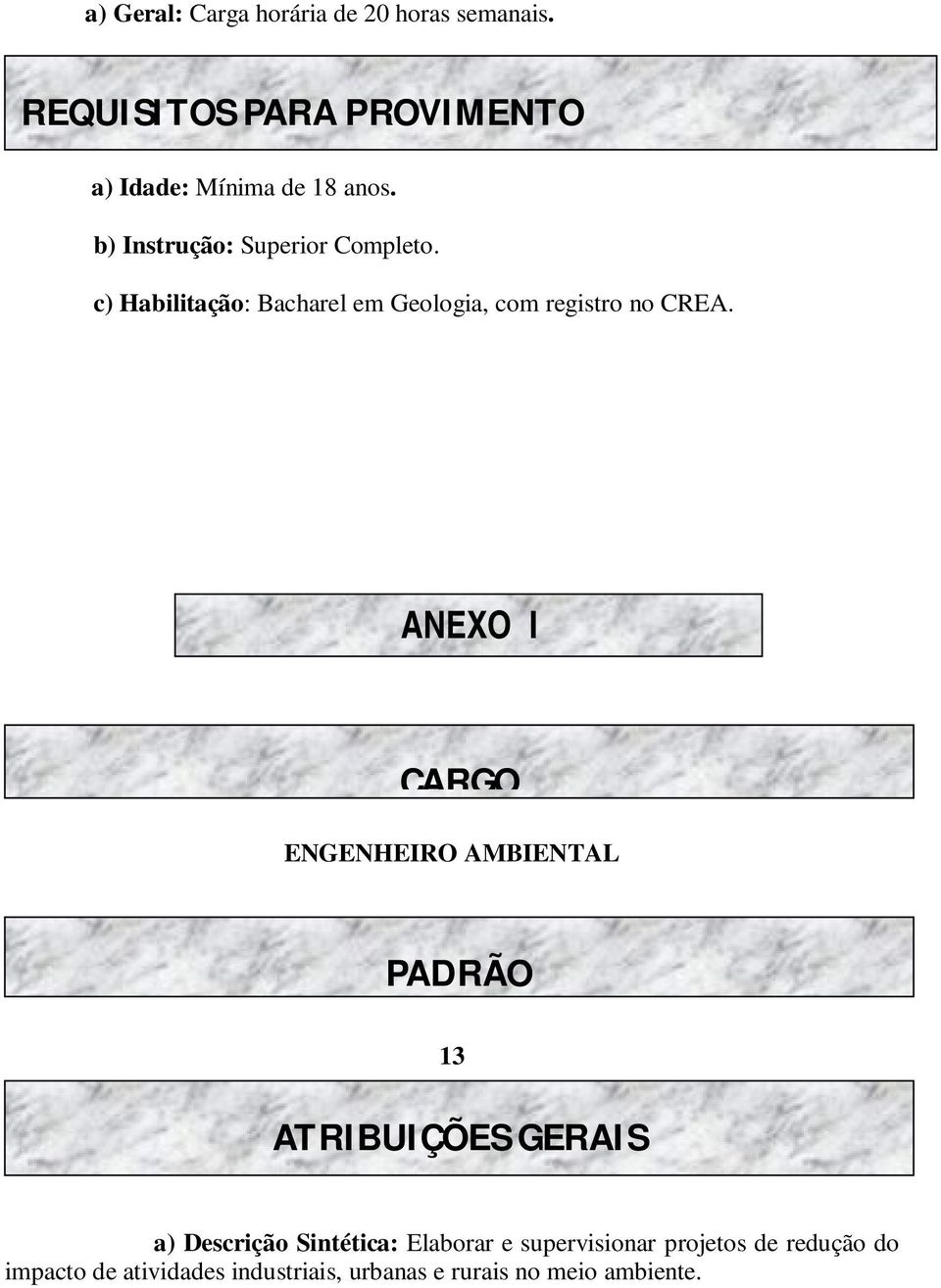 ANEXO I ENGENHEIRO AMBIENTAL a) Descrição Sintética: Elaborar e supervisionar