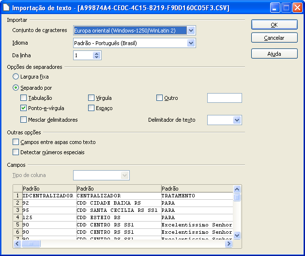 No campo Conjunto de caracteres selecionar Europa Ocidental (Windows 1250/ WinLatin2).