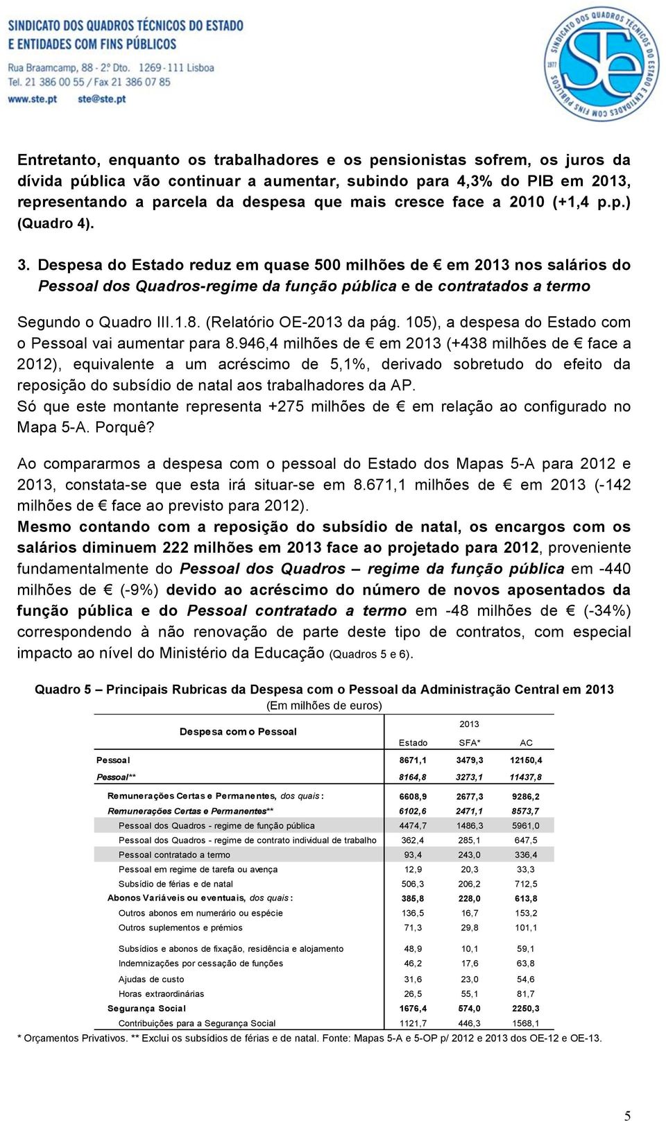 em 2013 nos salários do Pessoal dos Quadros-regime da função pública e de contratados a termo Segundo o Quadro III.1.8. (Relatório OE-2013 da pág.