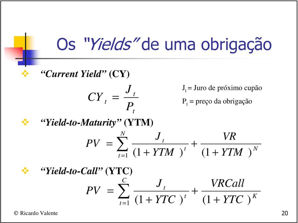 (1 + VR YTM Ricardo Valente 20 J J C t = + t t = 1 (1 + YTC ) (1 + J