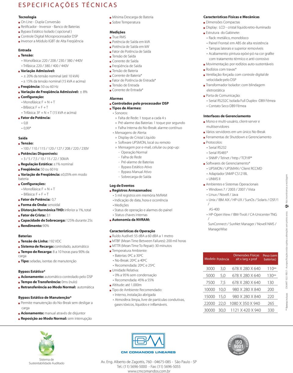 (15 kva e acima) Freqüência: 50 ou 60 Hz Variação de Freqüência Admissível: ± 8% Configuração: Monofásica: F + N + T Bifásica: F + F + T Trifásica: 3F + N + T (15 kva e acima) Fator de Potência: 0,8