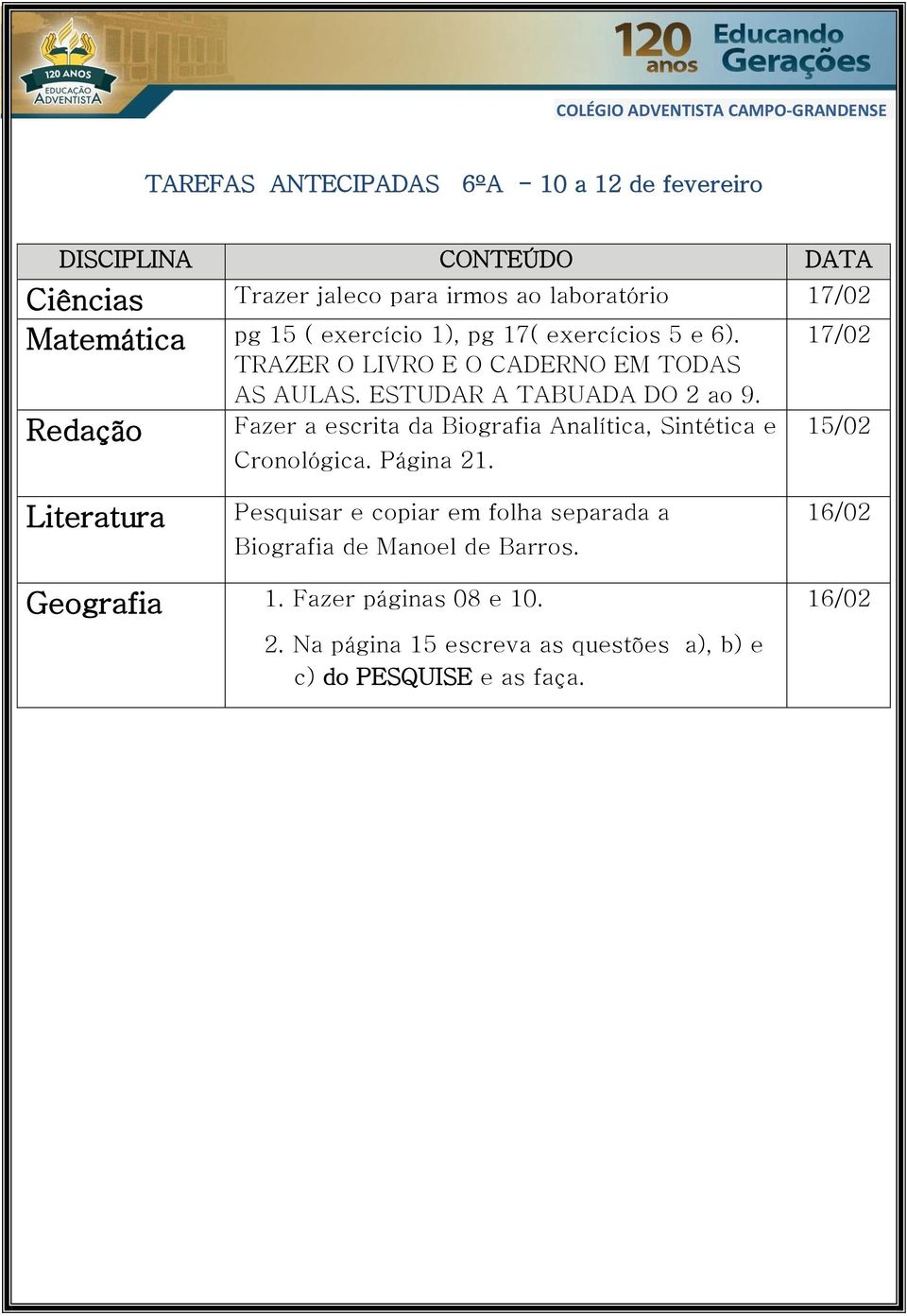 Fazer a escrita da Biografia Analítica, Sintética e 15/02 Redação Cronológica. Página 21.