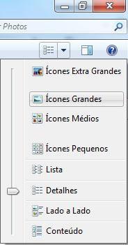 Outra importante função é alterar o modo de exibição dos arquivos, clicando no ícone alterar modo de exibição. Há vários modos para escolha: Ícones Grandes, Ícones Extra Grandes, lista, detalhes, etc.