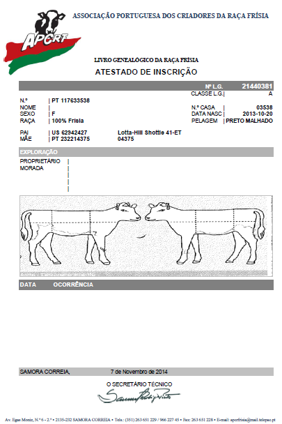 Na caixa APCRF podem ser consultados e descarregados os certificados de inscrição dos animais no Livro Genealógico.