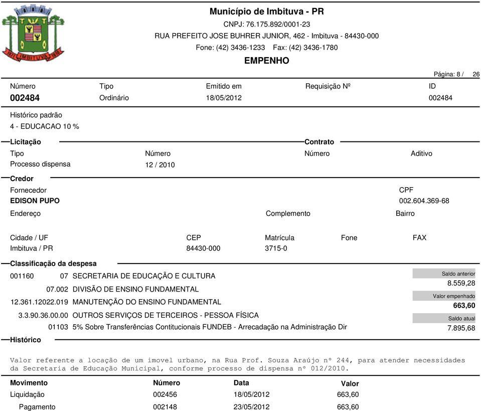 559,28 663,60 7.895,68 Valor referente a locação de um imovel urbano, na Rua Prof.