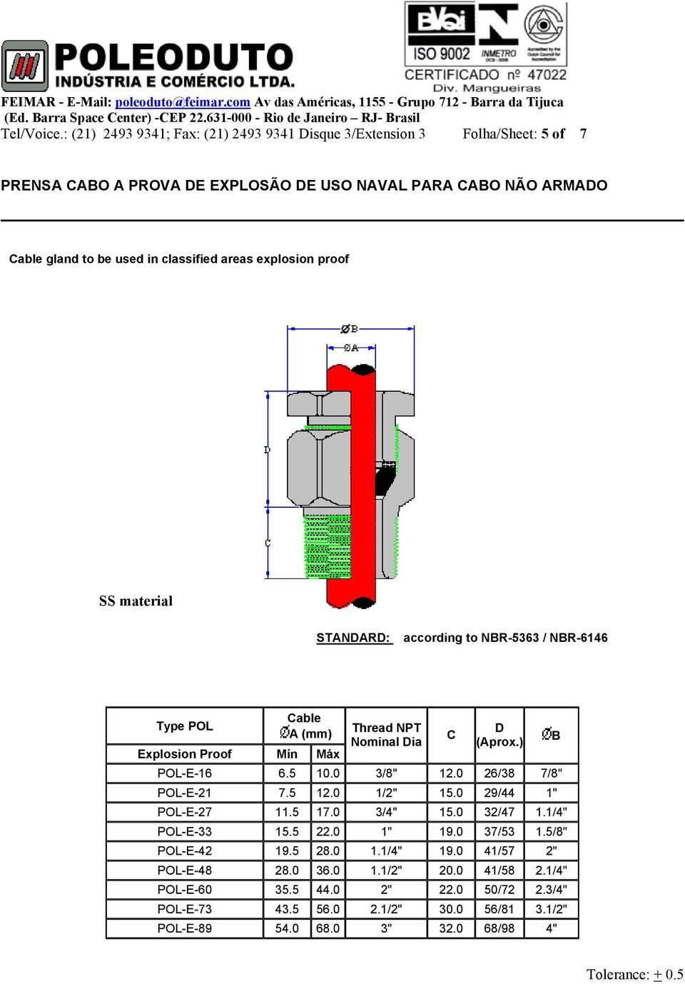 areas explosion proof SS material STANDARD: according to NBR-5363 / NBR-6146 A Explosion Proof Mín Máx Thread NPT Nominal Dia C D (Aprox.) POL-E-16 6.5 10.0 3/8" 12.