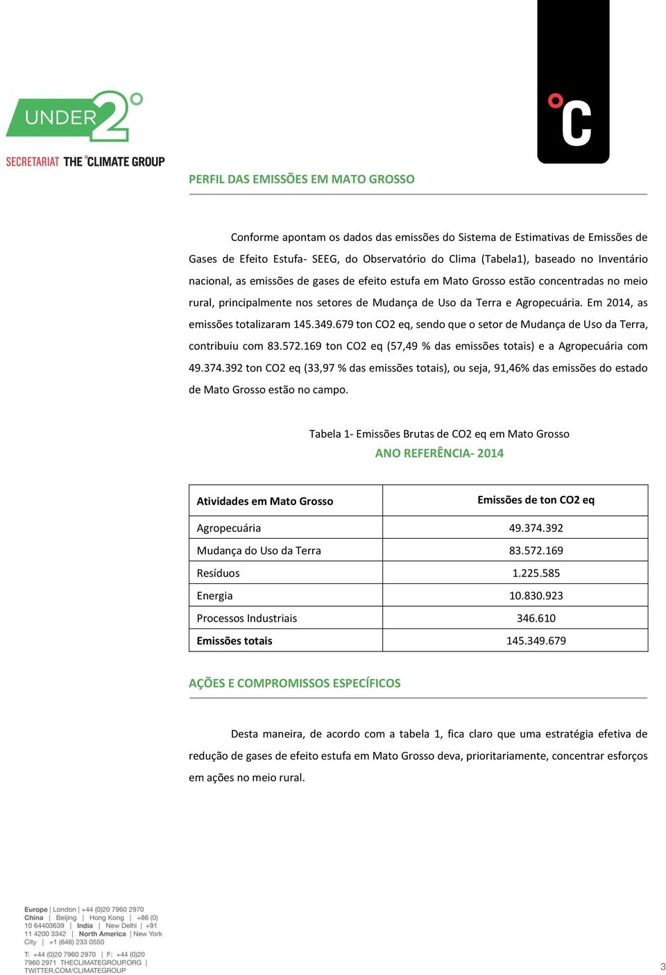 Em 2014, as emissões totalizaram 145.349.679 ton CO2 eq, sendo que o setor de Mudança de Uso da Terra, contribuiu com 83.572.169 ton CO2 eq (57,49 % das emissões totais) e a Agropecuária com 49.374.