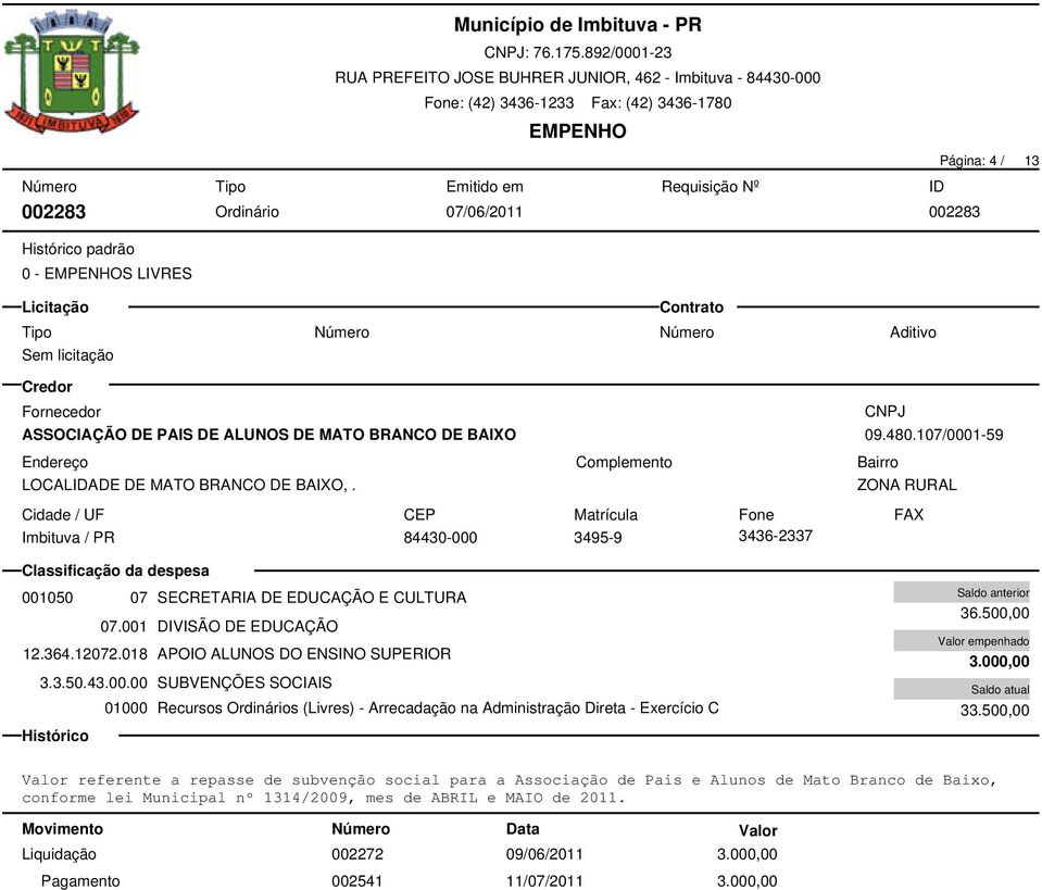 018 APOIO ALUNOS DO ENSINO SUPERIOR 3.3.50.43.00.00 SUBVENÇÕES SOCIAIS 36.500,00 3.000,00 33.