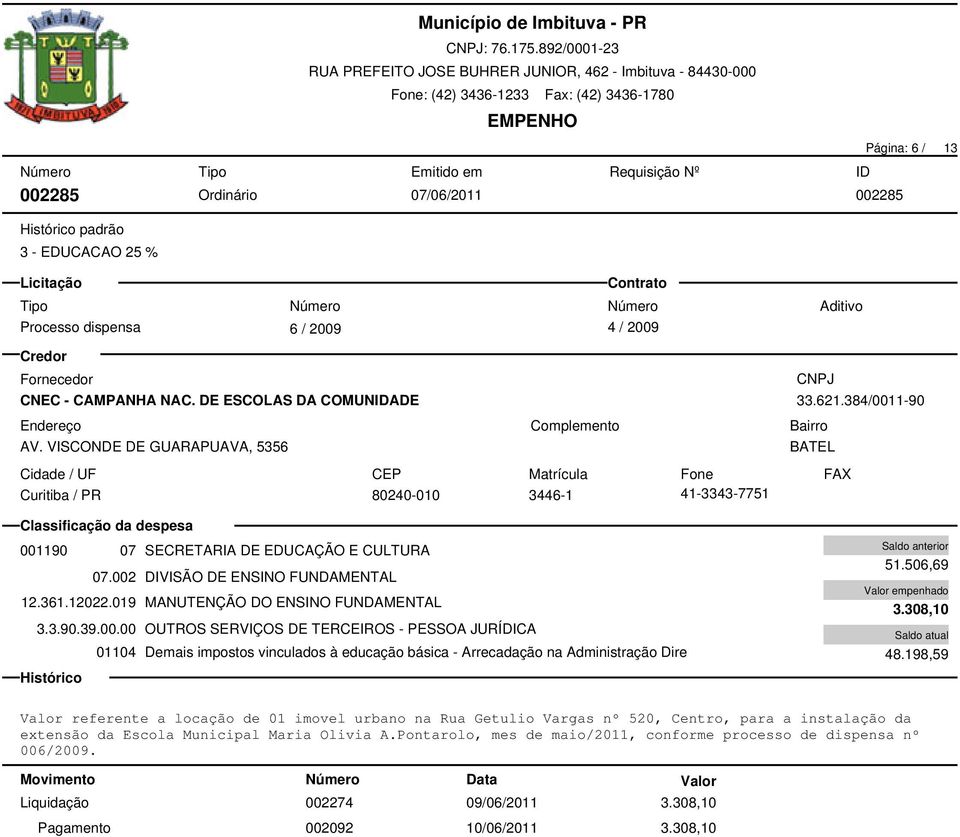 00.00 OUTROS SERVIÇOS DE TERCEIROS - PESSOA JURÍDICA 01104 Demais impostos vinculados à educação básica - Arrecadação na Administração Dire 51.506,69 3.308,10 48.