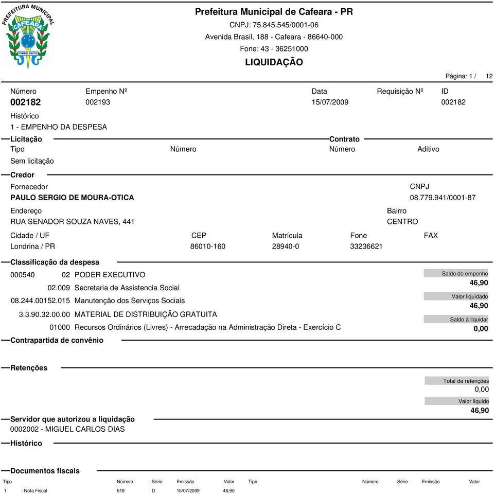 00152.015 Manutenção dos Serviços Sociais 3.3.90.32.00.00 MATERIAL DE DISTRIBUIÇÃO GRATUITA 01000 Recursos Ordinários (Livres) -