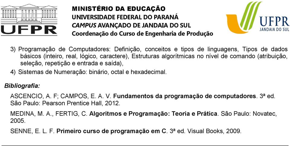 ASCENCIO, A. F; CAMPOS, E. A. V. Fundamentos da programação de computadores. 3ª ed. São Paulo: Pearson Prentice Hall, 2012. MEDINA, M. A., FERTIG, C.