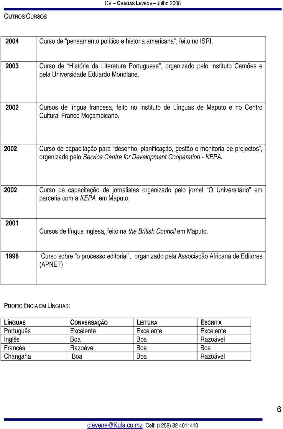 2002 Cursos de língua francesa, feito no Instituto de Línguas de Maputo e no Centro Cultural Franco Moçambicano.
