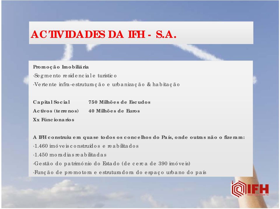 quase todos os concelhos do País, onde outras não o fizeram: 1.460 imóveis construídos e reabilitados 1.450.