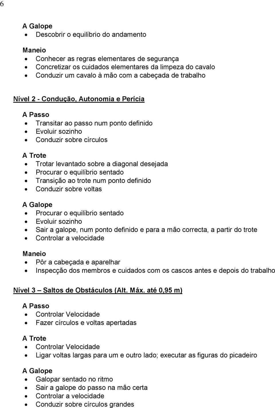 sentado Transição ao trote num ponto definido Conduzir sobre voltas A Galope Procurar o equilíbrio sentado Evoluir sozinho Sair a galope, num ponto definido e para a mão correcta, a partir do trote