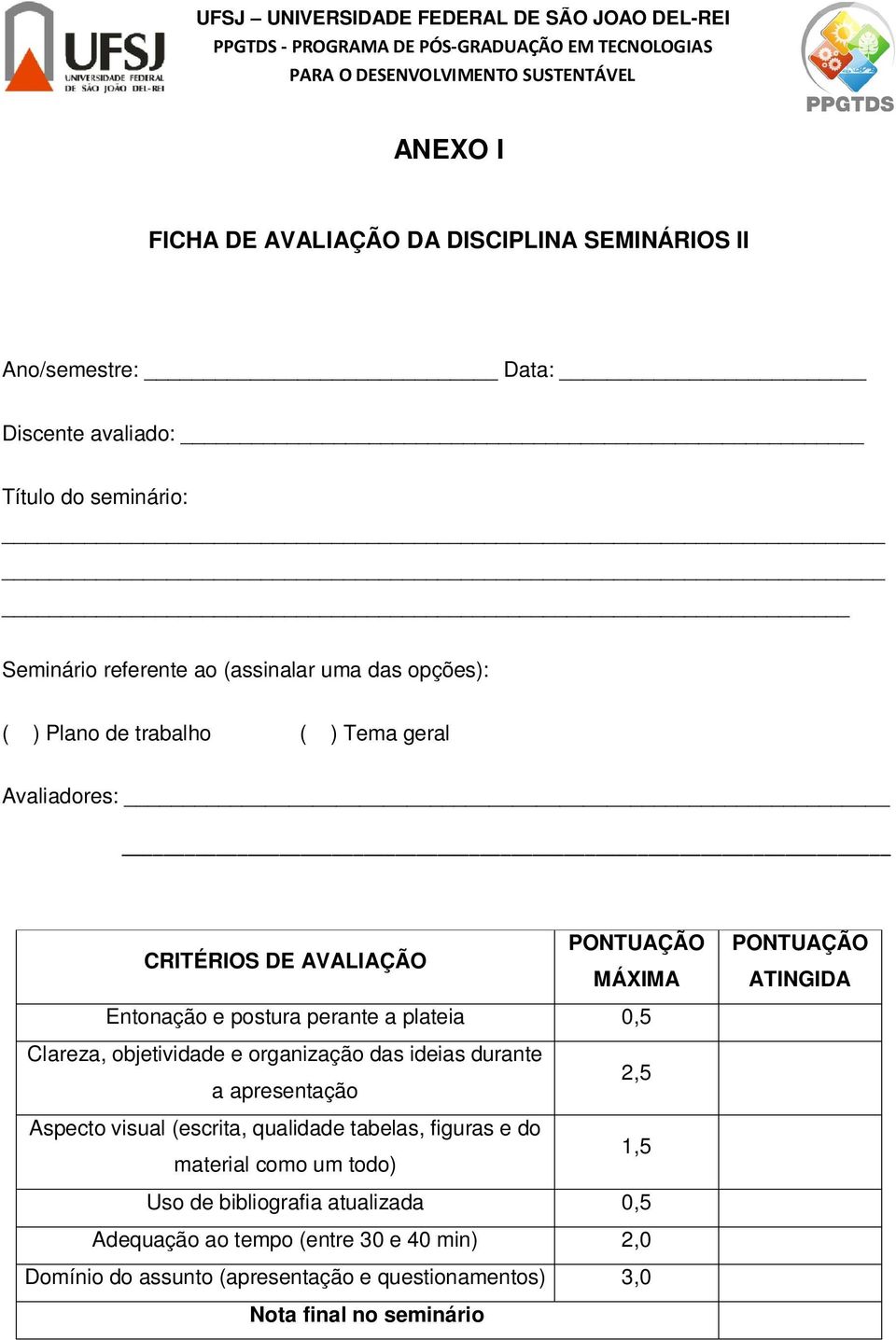 0,5 Clareza, objetividade e organização das ideias durante a apresentação Aspecto visual (escrita, qualidade tabelas, figuras e do material como um todo) 2,5