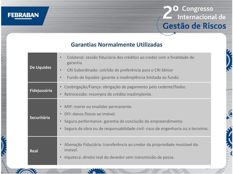 Retrocessão: recompra do crédito inadimplente. MIP: morte ou invalidez permanente. DFI: danos físicos ao imóvel. Seguro performance: garantia de conclusão do empreendimento.