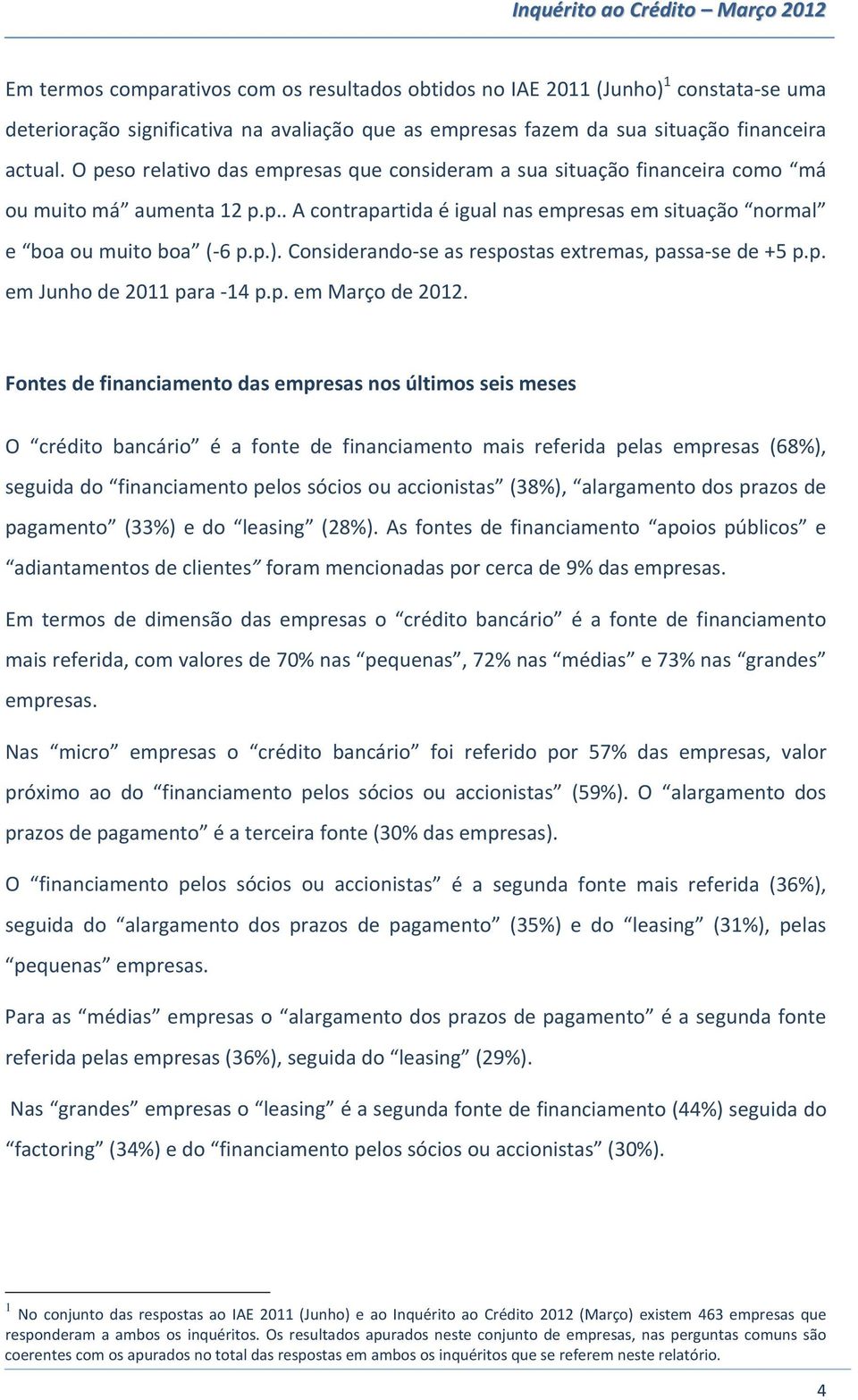 Considerando se as respostas extremas, passa se de +5 p.p. em Junho de 2011 para 14 p.p. em Março de 2012.