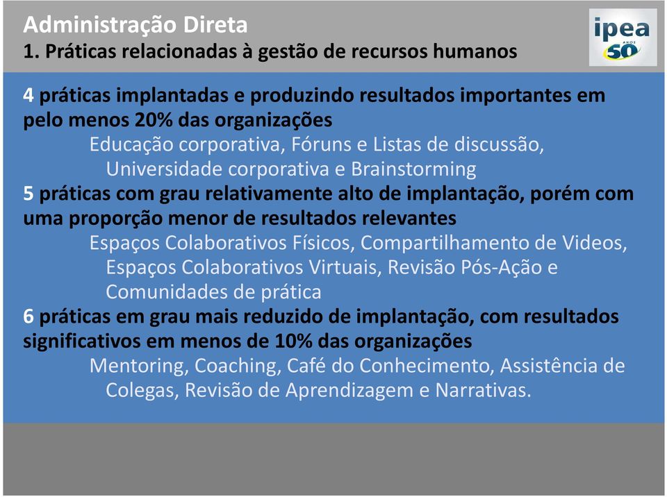 Listas de discussão, Universidade corporativa e Brainstorming 5práticas com grau relativamente alto de implantação, porém com uma proporção menor de resultados relevantes Espaços