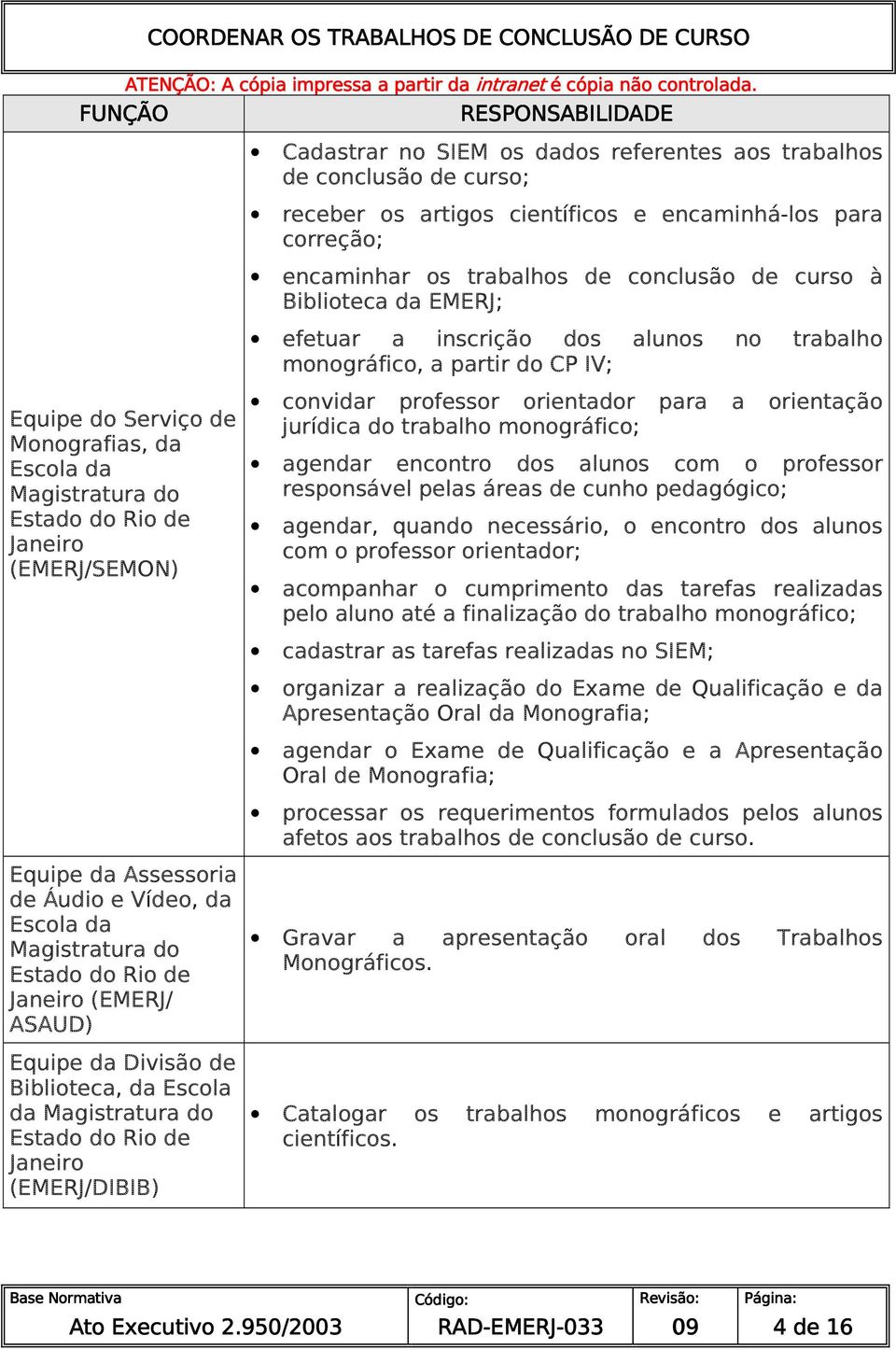 (EMERJ/SEMON) convidar professor orientador para a orientação jurídica do trabalho monográfico; agendar encontro dos alunos com o professor responsável pelas áreas de cunho pedagógico; agendar,