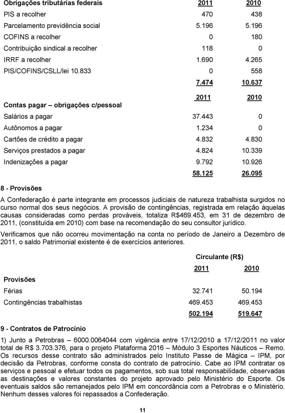 830 Serviços prestados a pagar 4.824 10.339 Indenizações a pagar 9.792 10.926 8 - Provisões 58.125 26.