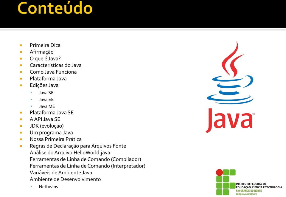 SE A API Java SE JDK (evolução) Um programa Java Nossa Primeira Prática Regras de Declaração para Arquivos Fonte