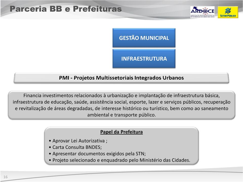 revitalização de áreas degradadas, de interesse histórico ou turístico, bem como ao saneamento ambiental e transporte público.