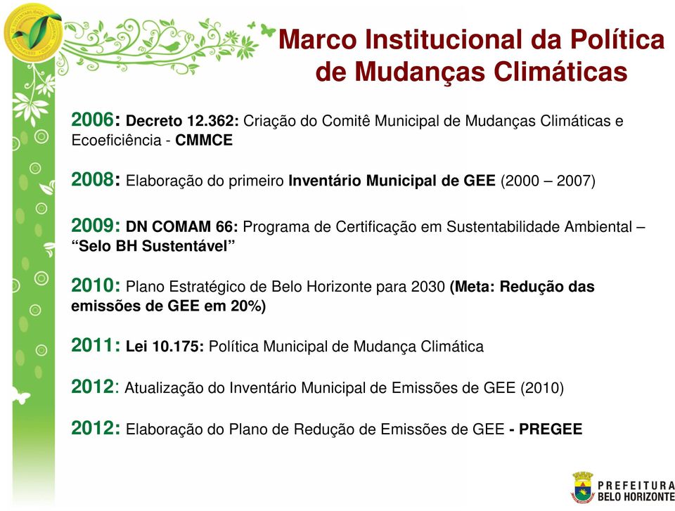 2009: DN COMAM 66: Programa de Certificação em Sustentabilidade Ambiental Selo BH Sustentável 2010: Plano Estratégico de Belo Horizonte para 2030
