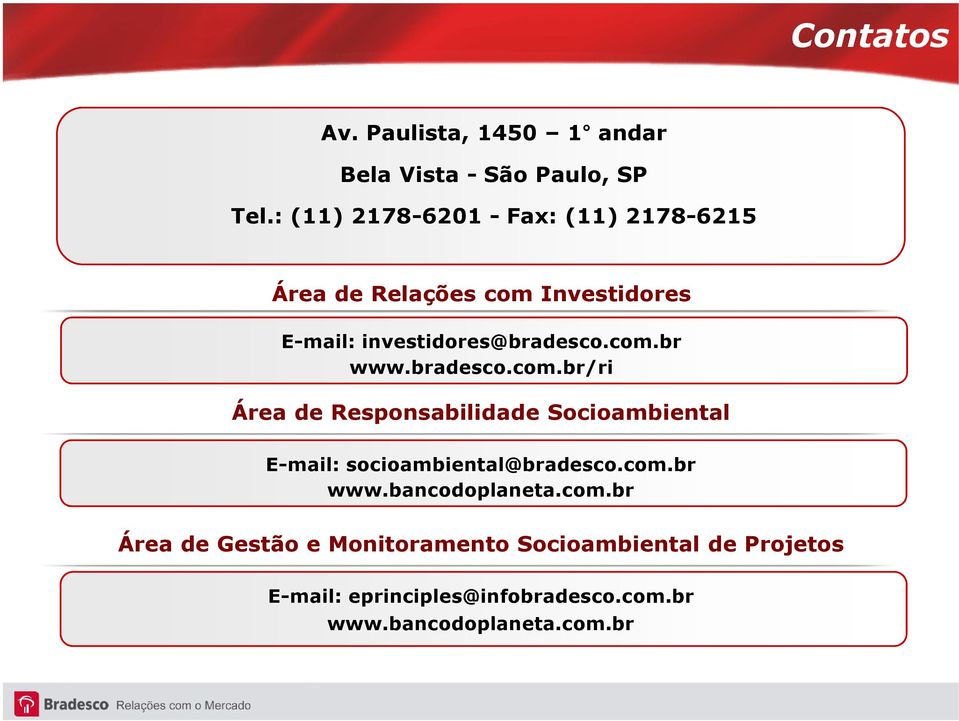 bradesco.com.br/ri Área de Responsabilidade Socioambiental E-mail: socioambiental@bradesco.com.br www.
