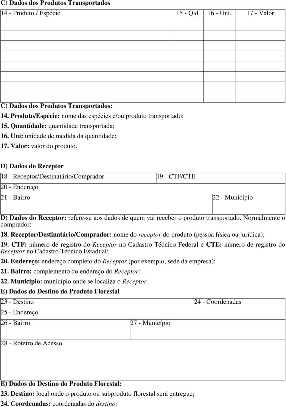 D) Dads d Receptr 18 - Receptr/Destinatári/Cmpradr 19 - CTF/CTE 20 - Endereç 21 - Bairr 22 - Municípi D) Dads d Receptr: refere-se as dads de quem vai receber prdut transprtad. Nrmalmente cmpradr: 18.