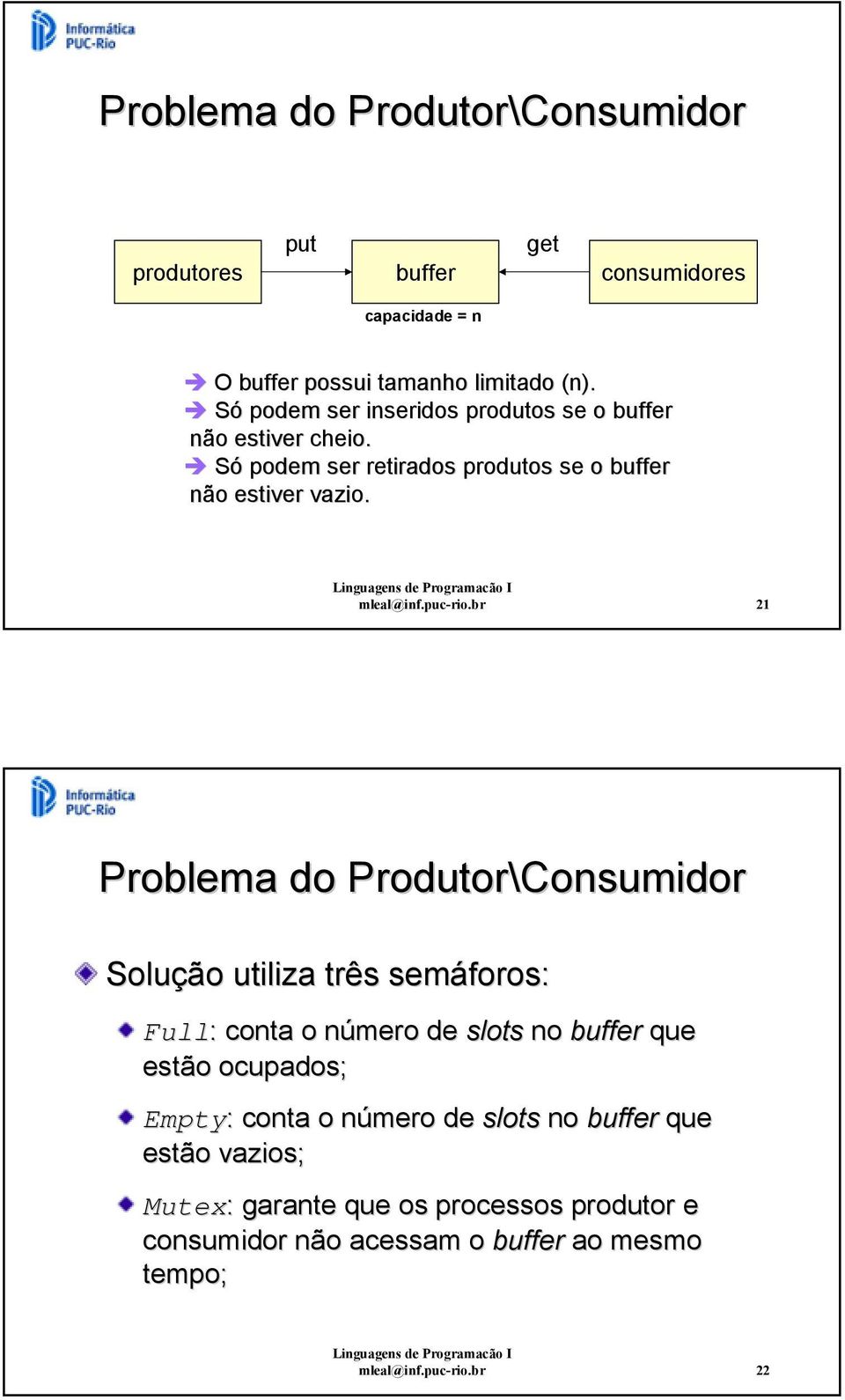 br 21 Problema do Produtor\Consumidor Solução utiliza três semáforos: Full: : conta o número de slots no buffer que estão ocupados; Empty: :