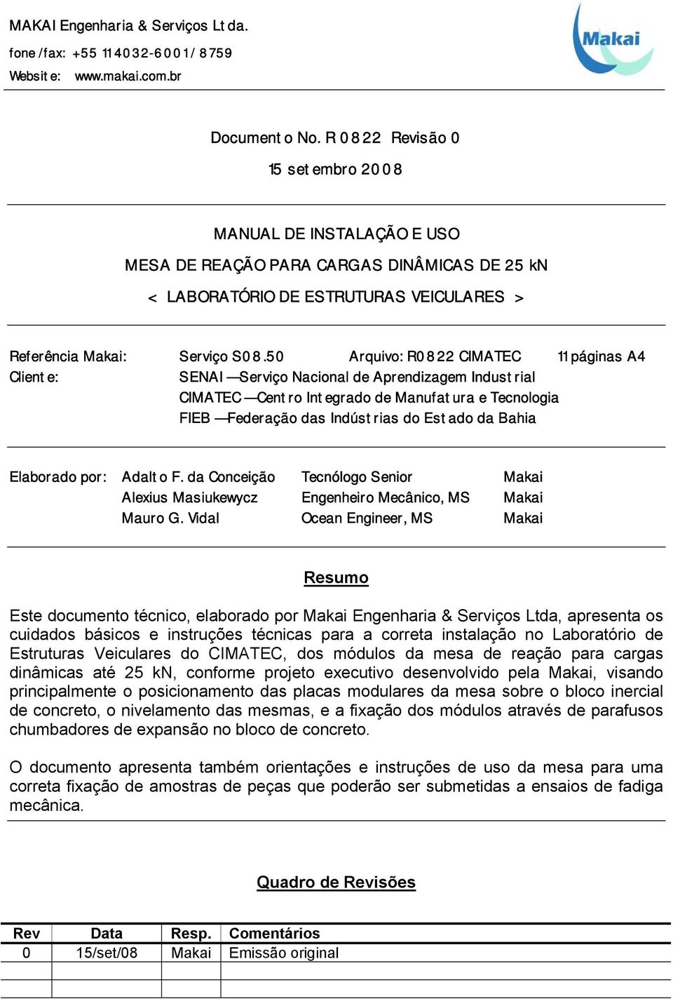 50 Arquivo: R0822 CIMATEC 11 páginas A4 Cliente: SENAI Serviço Nacional de Aprendizagem Industrial CIMATEC Centro Integrado de Manufatura e Tecnologia FIEB Federação das Indústrias do Estado da Bahia