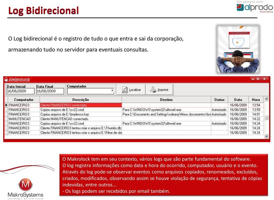 O log registra informações como data e hora do ocorrido, computador, usuário e o evento.