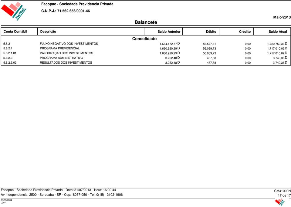 252,48 D 487,88 3.740,36 D 5.8.2.3.02 RESULTADOS DOS INVESTIMENTOS 3.252,48 D 487,88 3.740,36 D 17 de 17