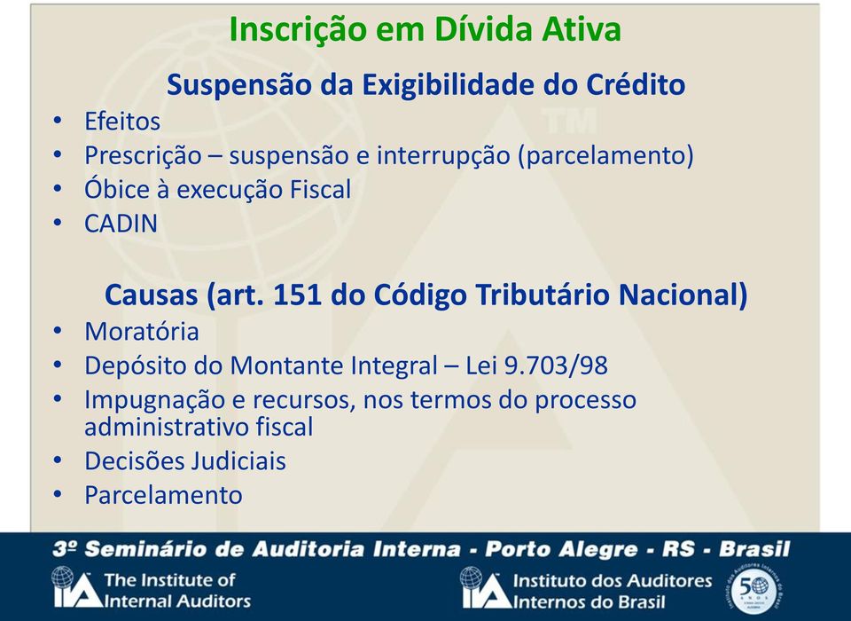 151 do Código Tributário Nacional) Moratória Depósito do Montante Integral Lei 9.