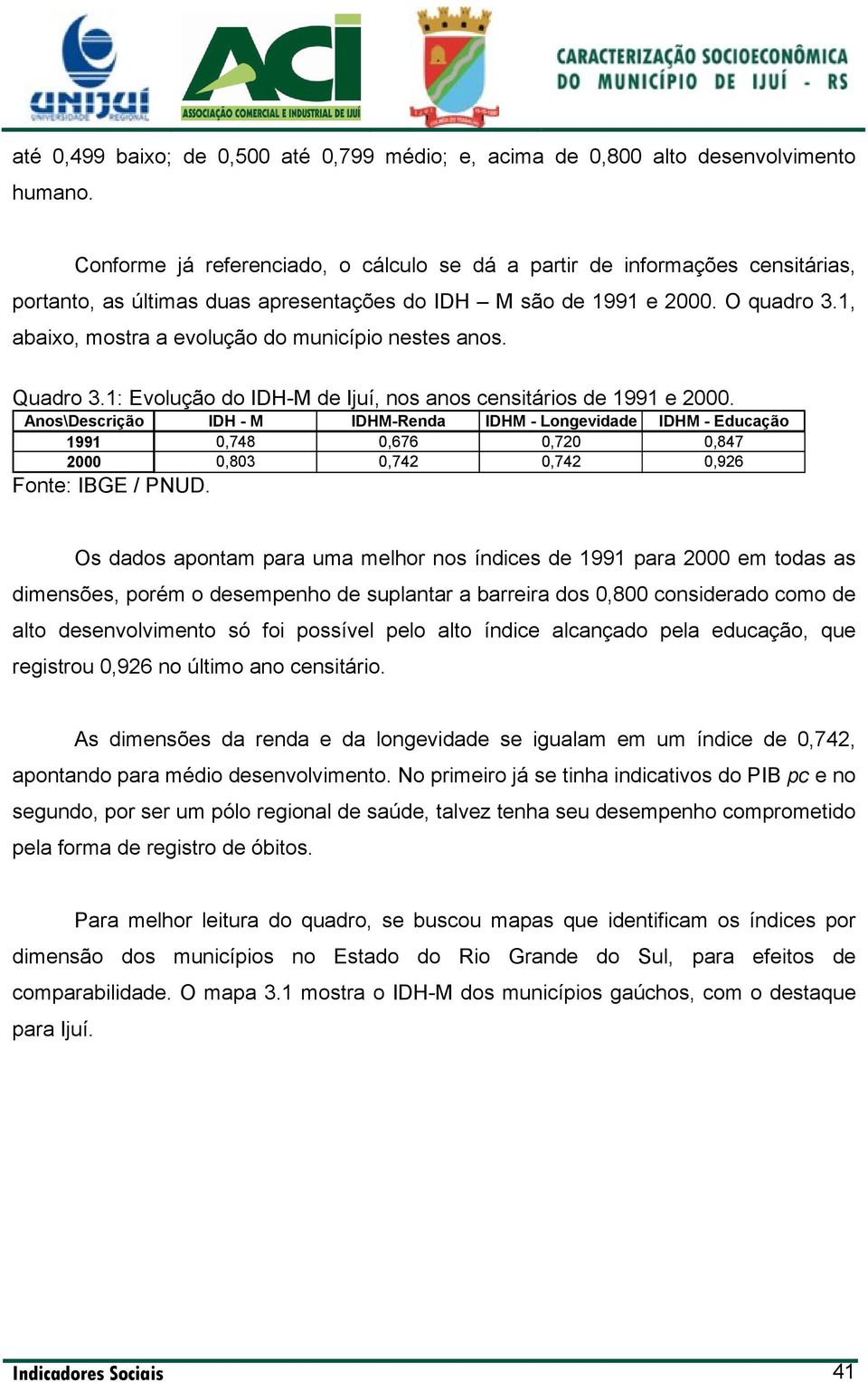 1, abaixo, mostra a evolução do município nestes anos. Quadro 3.1: Evolução do IDH-M de Ijuí, nos anos censitários de 1991 e 2000.