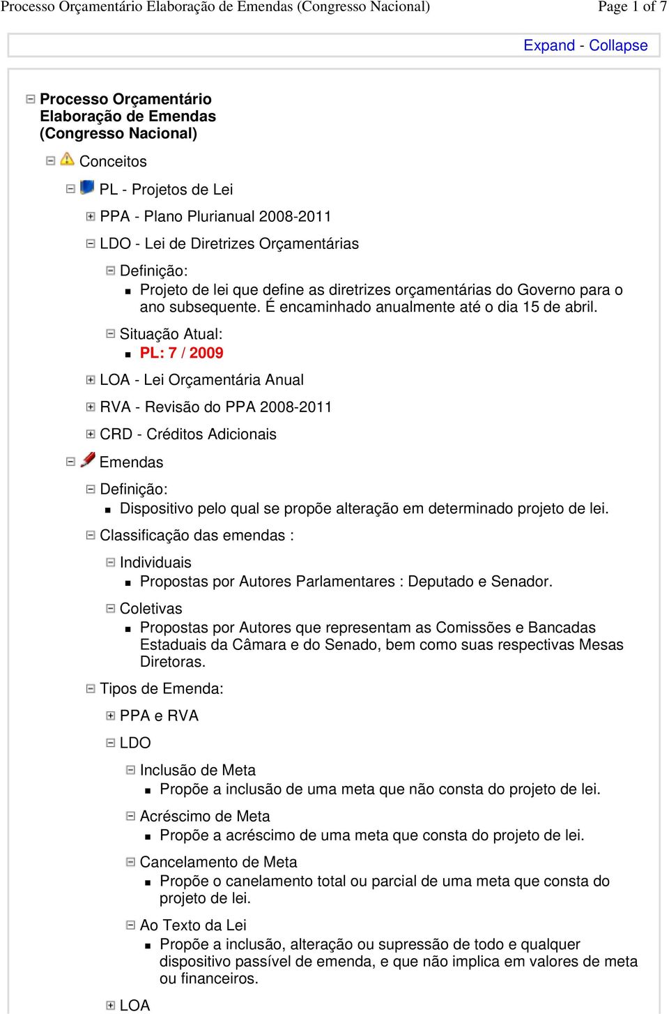 Situação Atual: PL: 7 / 2009 LOA - Lei Orçamentária Anual RVA - Revisão do PPA 2008-2011 CRD - Créditos Adicionais Emendas Definição: Dispositivo pelo qual se propõe alteração em determinado projeto