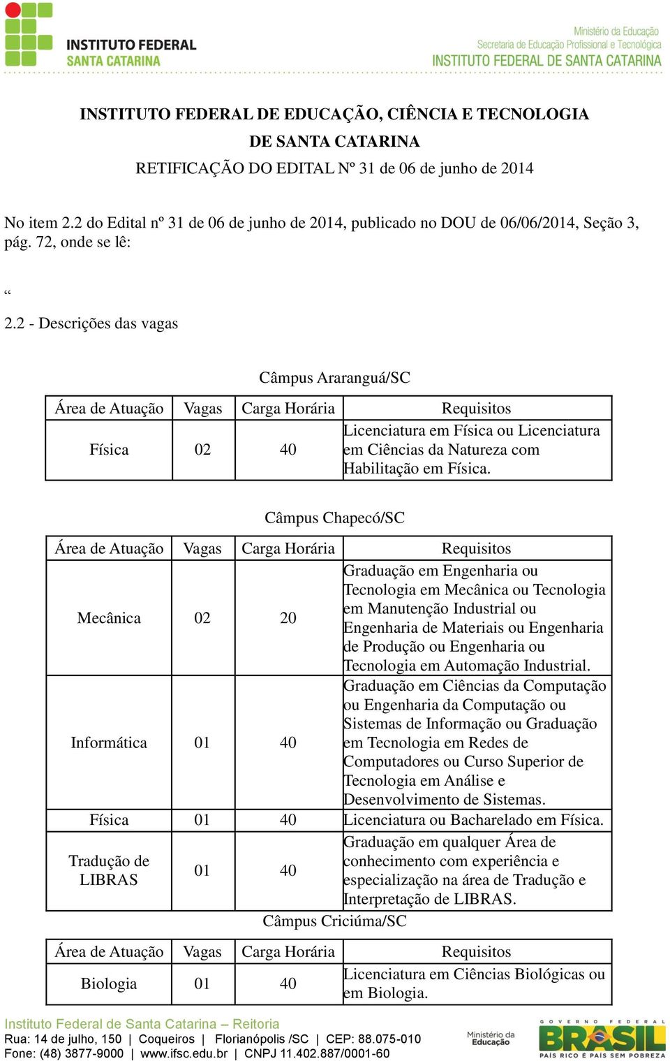 2 - Descrições das vagas Câmpus Araranguá/SC Física 02 40 Licenciatura em Física ou Licenciatura em Ciências da Natureza com Habilitação em Física.