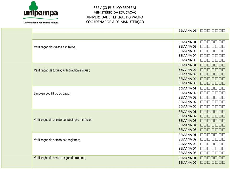 Limpeza dos filtros de água; SEMANA 05 SEMANA 01 Verificação do estado da tubulação