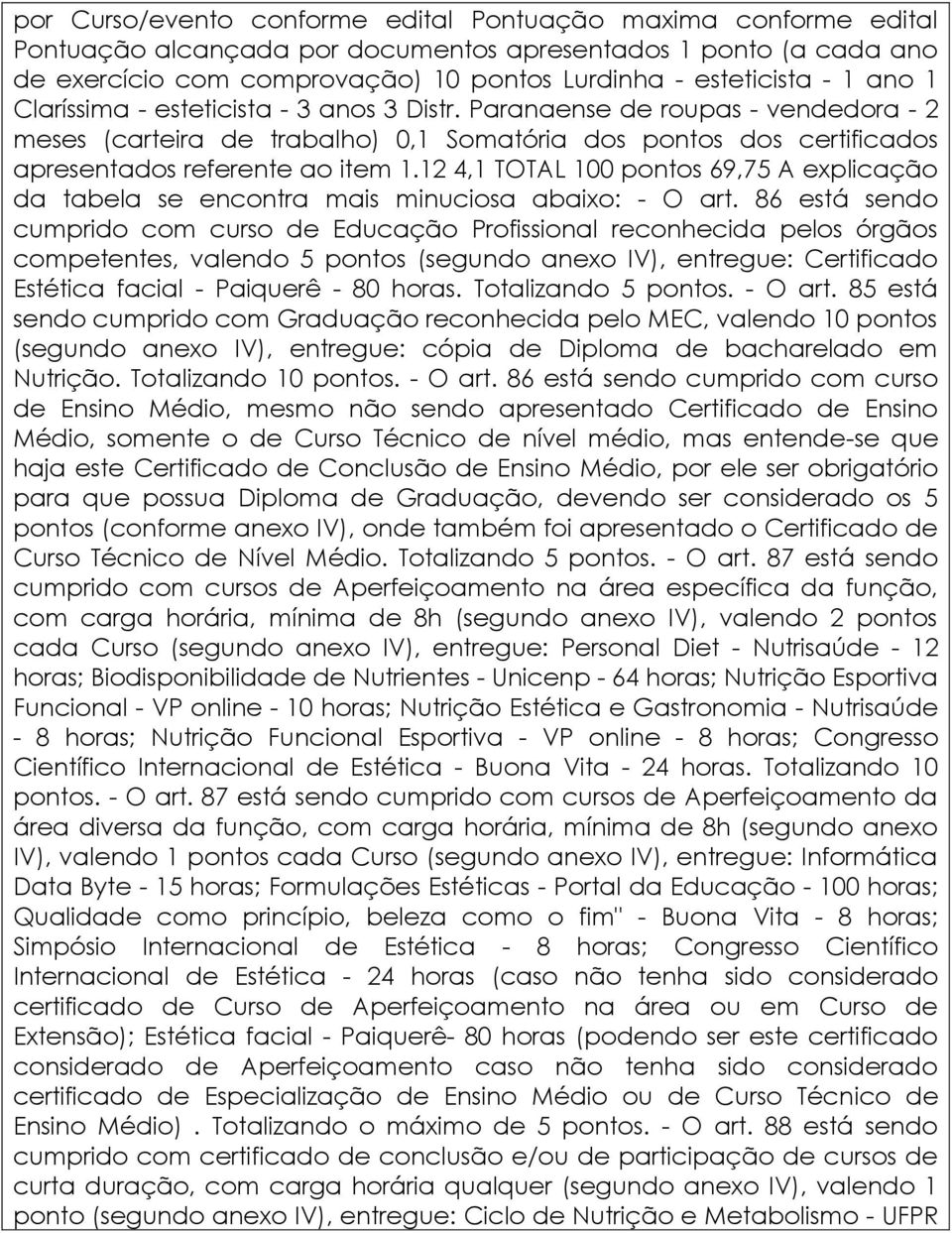 12 4,1 TOTAL 100 pontos 69,75 A explicação da tabela se encontra mais minuciosa abaixo: - O art.