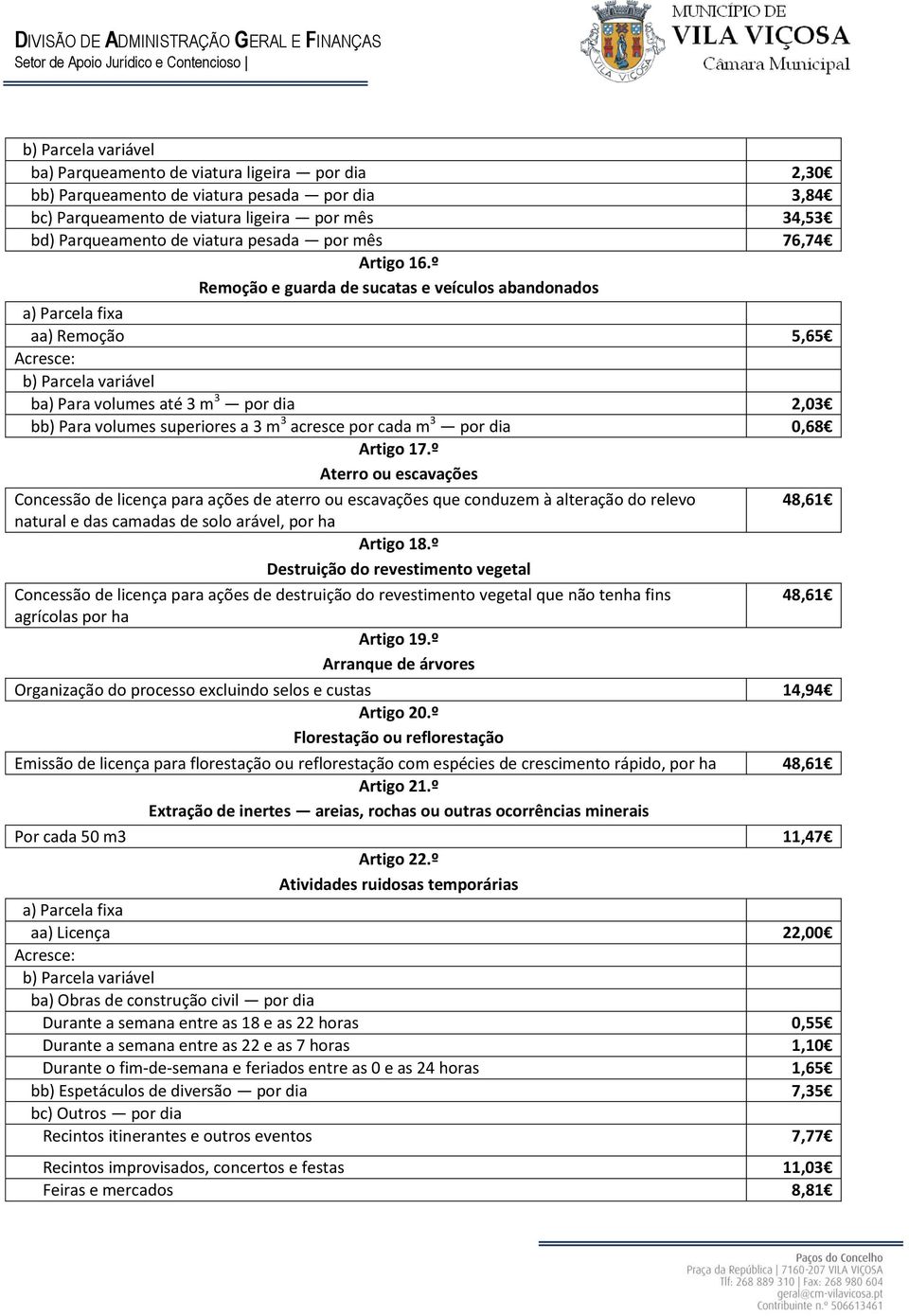 º Aterro ou escavações Concessão de licença para ações de aterro ou escavações que conduzem à alteração do relevo natural e das camadas de solo arável, por ha Artigo 18.