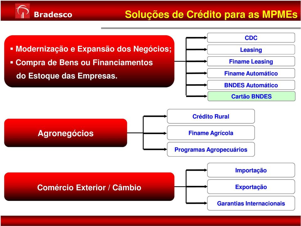 CDC Leasing Finame Leasing Finame Automático BNDES Automático Cartão BNDES Crédito