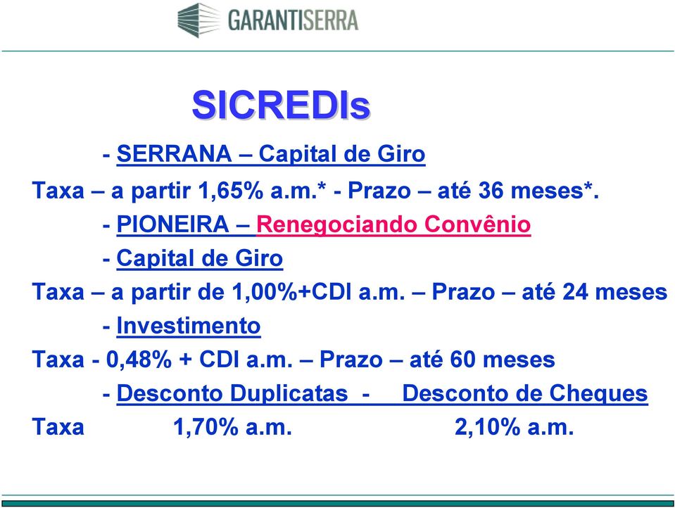 a.m. Prazo até 24 meses - Investimento SICREDIs Taxa - 0,48% + CDI a.m. Prazo
