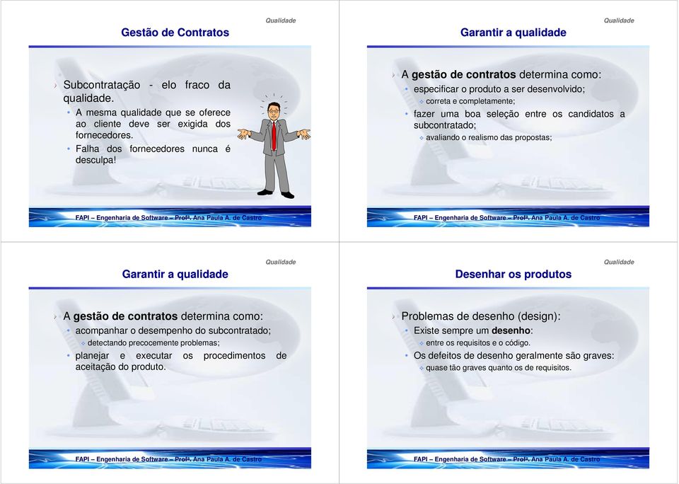 A gestão de contratos determina como: especificar o produto a ser desenvolvido; correta e completamente; fazer uma boa seleção entre os candidatos a subcontratado; avaliando o realismo das propostas;