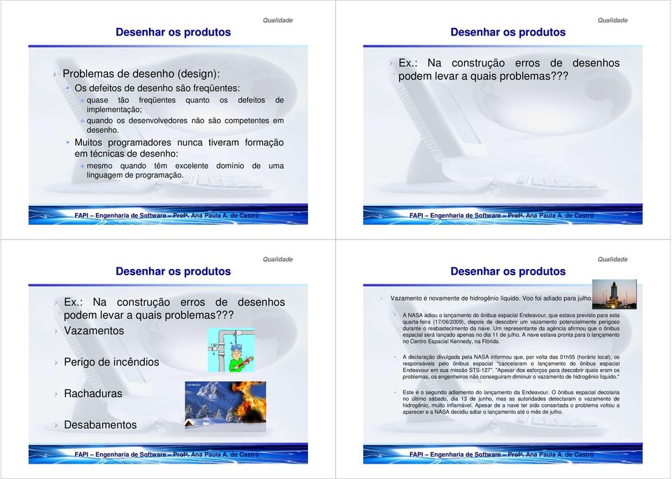 : Na construção erros de desenhos podem levar a quais problemas??? Desenhar os produtos Desenhar os produtos Ex.: Na construção erros de desenhos podem levar a quais problemas??? Vazamentos Perigo de incêndios Rachaduras Desabamentos Vazamento é novamente de hidrogênio líquido.