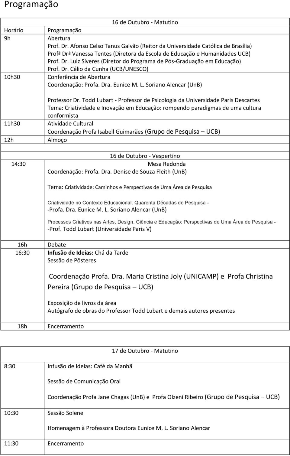 Dr. Célio da Cunha (UCB/UNESCO) Conferência de Abertura Coordenação: Profa. Dra. Eunice M. L. Soriano Alencar (UnB) Professor Dr.