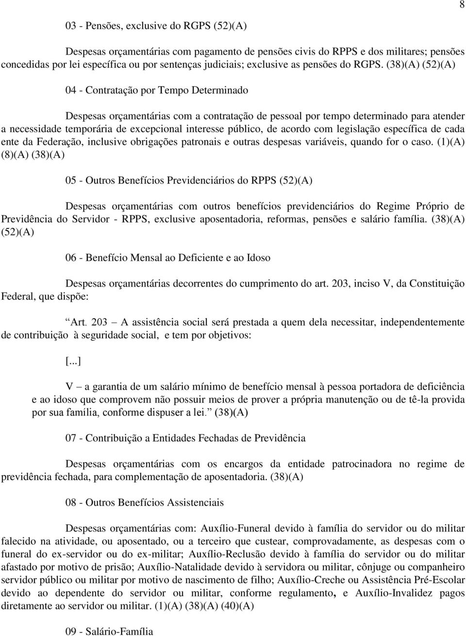 (38)(A) (52)(A) 04 - Contratação por Tempo Determinado Despesas orçamentárias com a contratação de pessoal por tempo determinado para atender a necessidade temporária de excepcional interesse