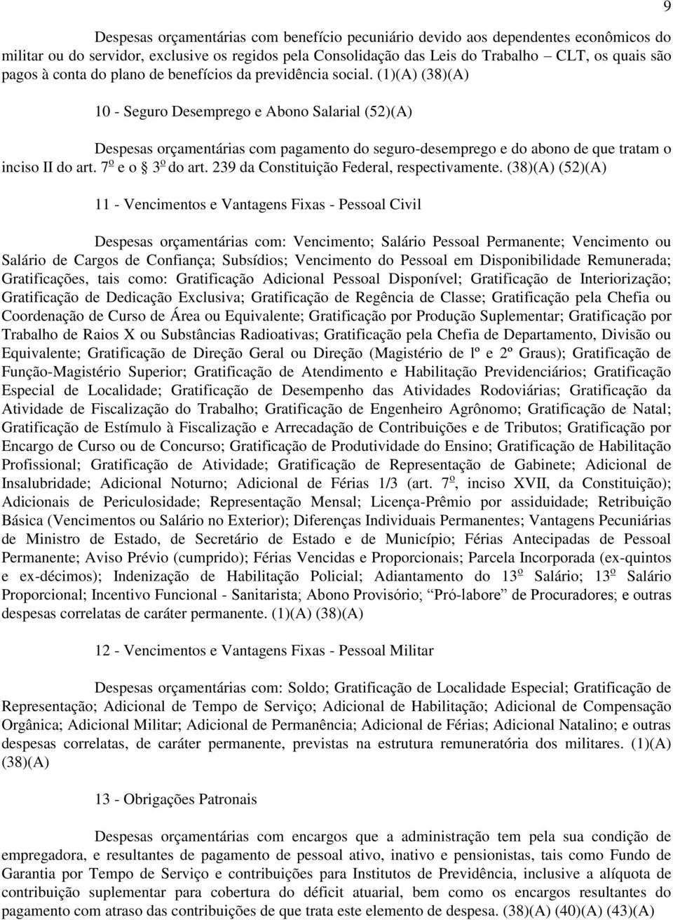 (1)(A) (38)(A) 10 - Seguro Desemprego e Abono Salarial (52)(A) Despesas orçamentárias com pagamento do seguro-desemprego e do abono de que tratam o inciso II do art. 7 o e o 3 o do art.