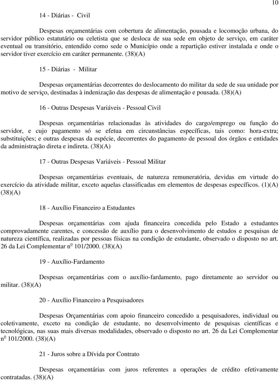 (38)(A) 15 - Diárias - Militar Despesas orçamentárias decorrentes do deslocamento do militar da sede de sua unidade por motivo de serviço, destinadas à indenização das despesas de alimentação e