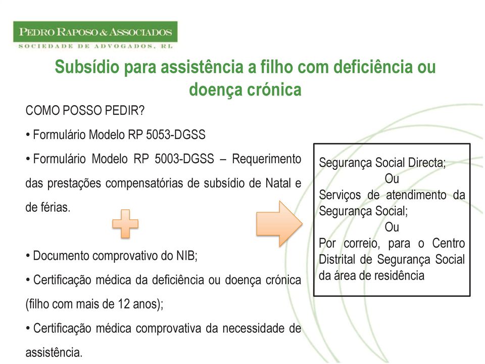 Documento comprovativo do NIB; Certificação médica da deficiência ou doença crónica (filho com mais de 12 anos); Certificação médica